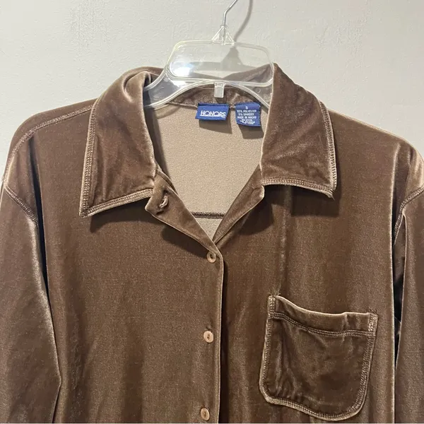 Vintage Honors Small Brown Velvet Button Down Shirt‎ Y2K Soft Vamp Retro Lounge - Image 4