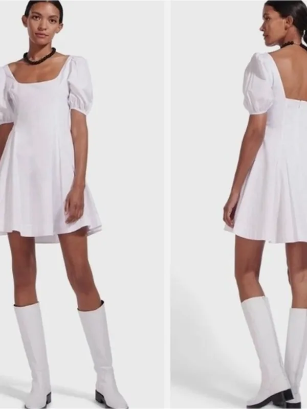 STAUD Laelia Mini Dress White Cotton Lined Puff Sleeves Size 8 - Image 14