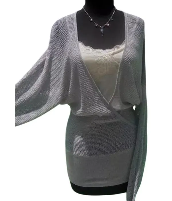 Cache Knit Silver Metallic Peek A Boo Faux Wrap Top New Banded Bottom $98 NWT - Image 2