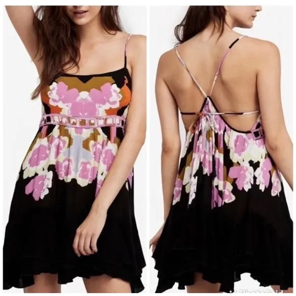 Free People Mini Dress Womens‎ Small Black Pink Floral Mirror Boho Festival - Image 4