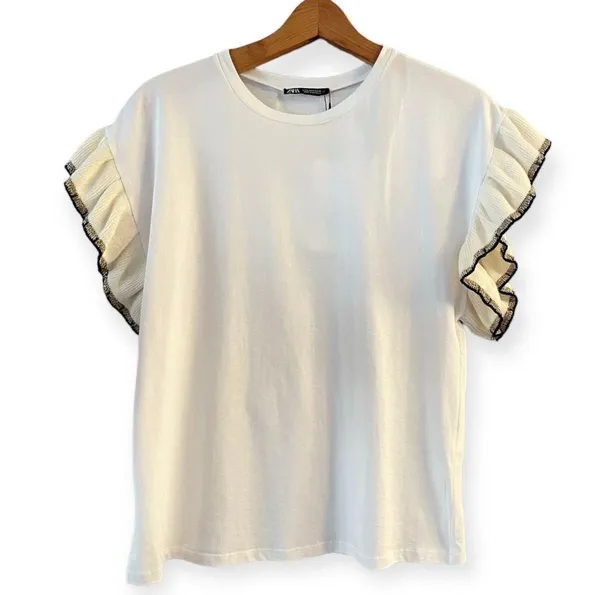 ZARA Trimmed T-Shirt White Top Gold Black Knit Cap Sleeve Ruffle Crew Neck Small - Image 8