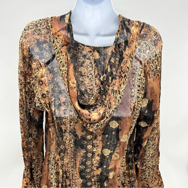 Faded Glory Brown and Gold Patterned Hoodie Tunic Blouse/Mini Dress Size S (4-6) - Image 8