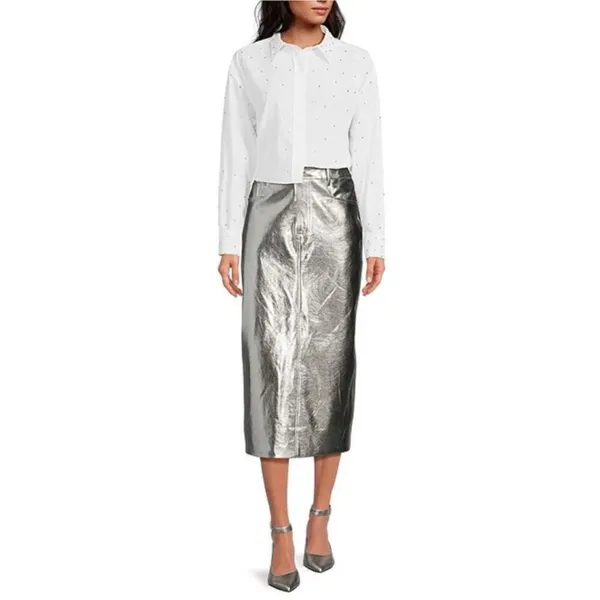 Gianni Bini Metallic‎ Silver Pencil Skirt - Image 6