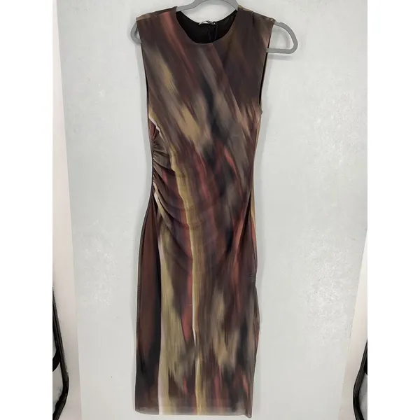 Zara Womens Midi Dress Abstract Print Ruched Mesh Sleeveless Brown Medium - Image 2