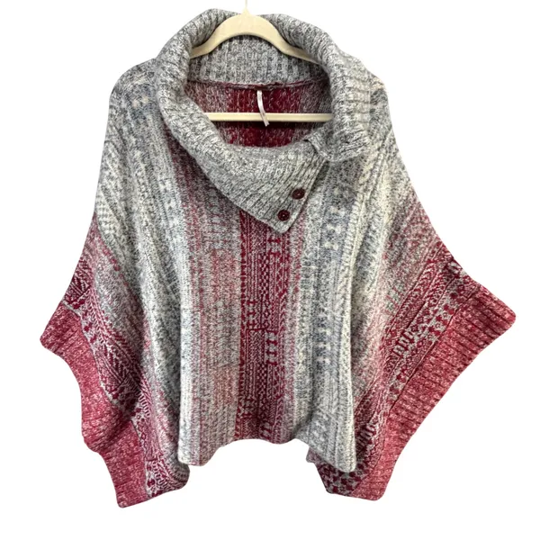Free People Willow Poncho‎ Womens S Red Gray Knit Turtleneck Oversized Cozy Boho - Image 2
