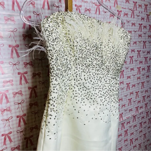 NBD x Revolve GRACY Strapless White Ostrich Feathered Sequin Mini Dress - Image 6