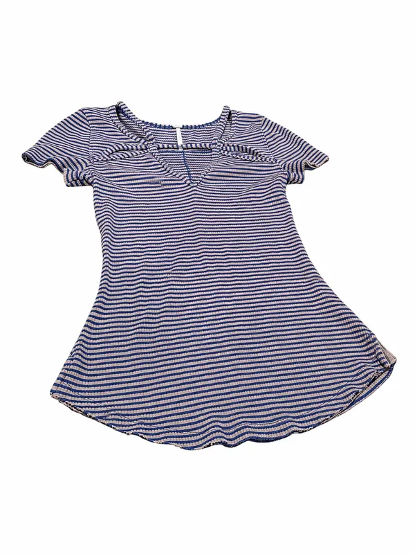 Free People Ribbed Striped V-Neck Tee Blue Tan Stretch Fitted Top Women’s S - Image 3