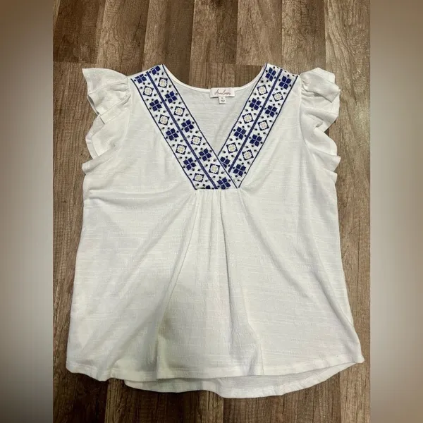 Anneliese Women's XL White‎ Embroidered V-Neck Flutter Sleeve Boho Blouse - Image 4