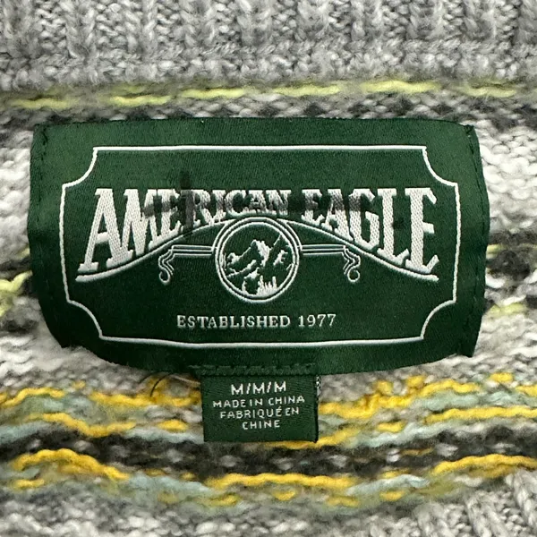 American Eagle Fair Isle Geometric Knit Sweater Grey Yellow Boho Cozy Size M - Image 6