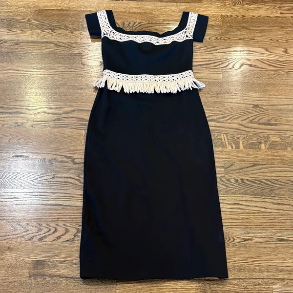 Alexis Bailey black off shoulder midi dress with cream fringe, small - Image 3