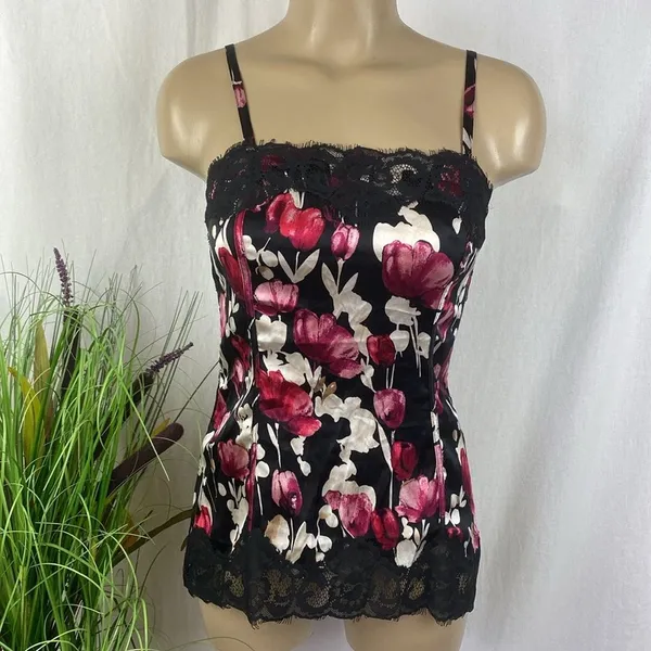 White House | Black Market Silk Blend Floral Print Lace Trim Sleeveless Camisole Tank Top XXS - Image 2