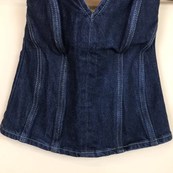 Zara Women’s Dark Wash Blue Denim Jean Boning Split Neck Zipper Back Bustier Top - Image 3