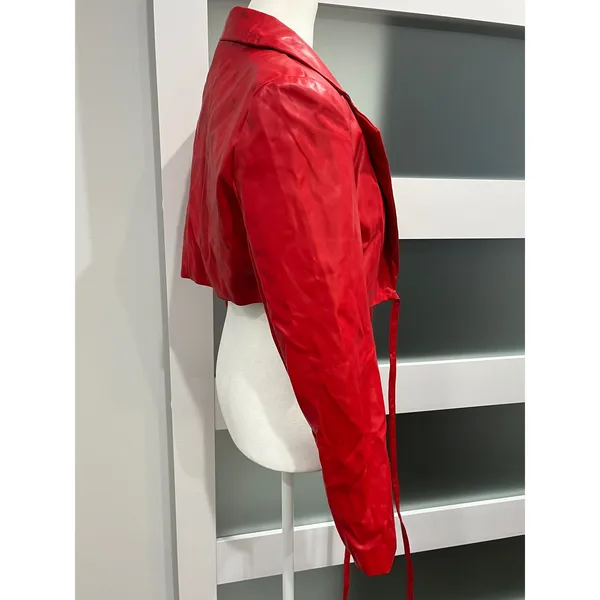 Moto Y2K Signature Eight Red Faux Leather Cropped Wrap Blazer Jacket‎ Small S - Image 3