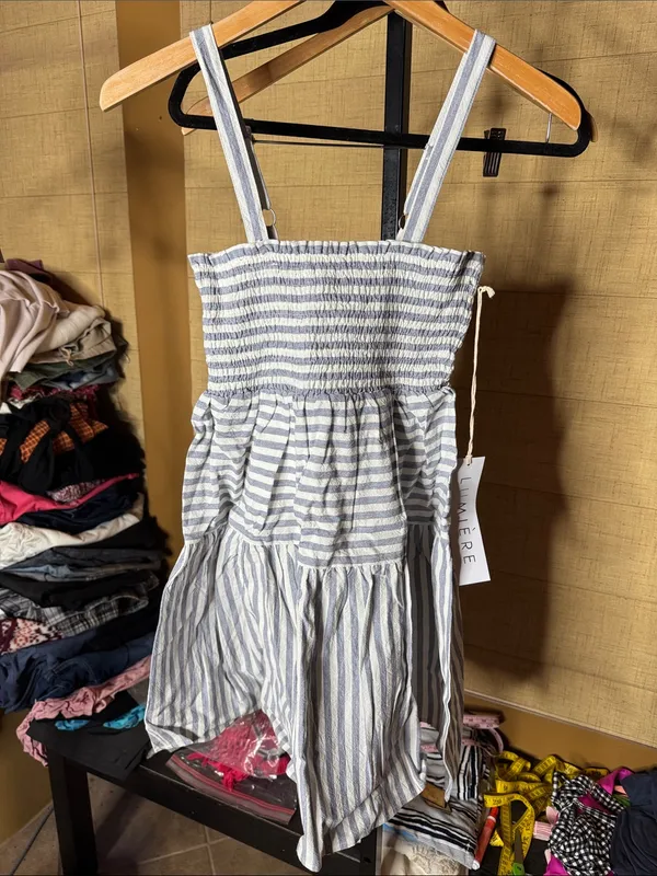 NWT Lumière x Urban Outfitters Blue Stripe Smocked Linen Mini Dress Size Small - Image 4