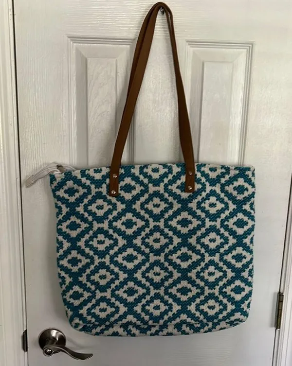 Blue and White Geometric Tote Bag with Leather Straps - Image 2