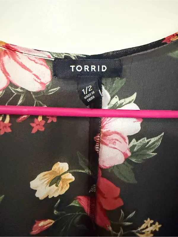torrid Black Sheer Floral Kimono with Pink & Yellow Blooms - Image 2