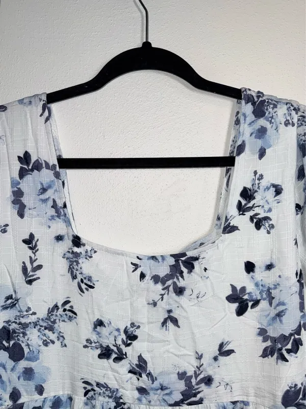 Maurices Floral Square Neck Babydoll Mini Dress White Blue Puff Sleeve - Image 3
