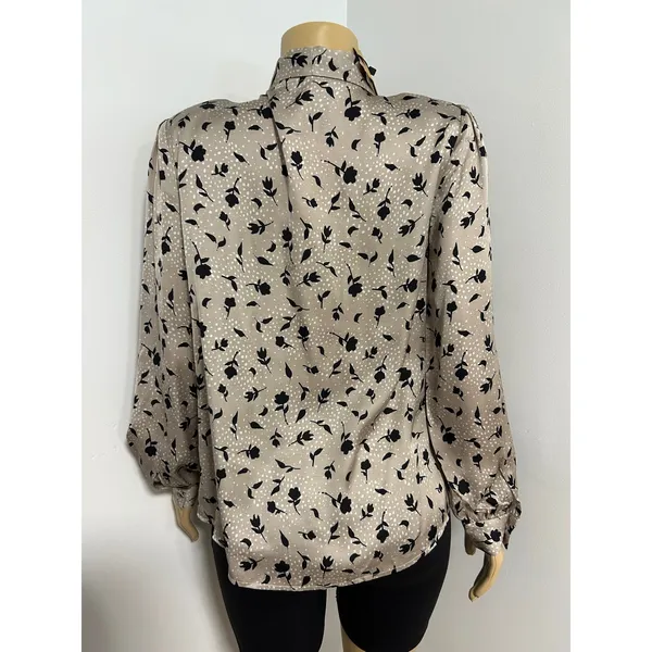 Knot Sisters Womens Taupe Black Floral Bow Tie Neck Viscose Blouse KSHO18T30 M - Image 7