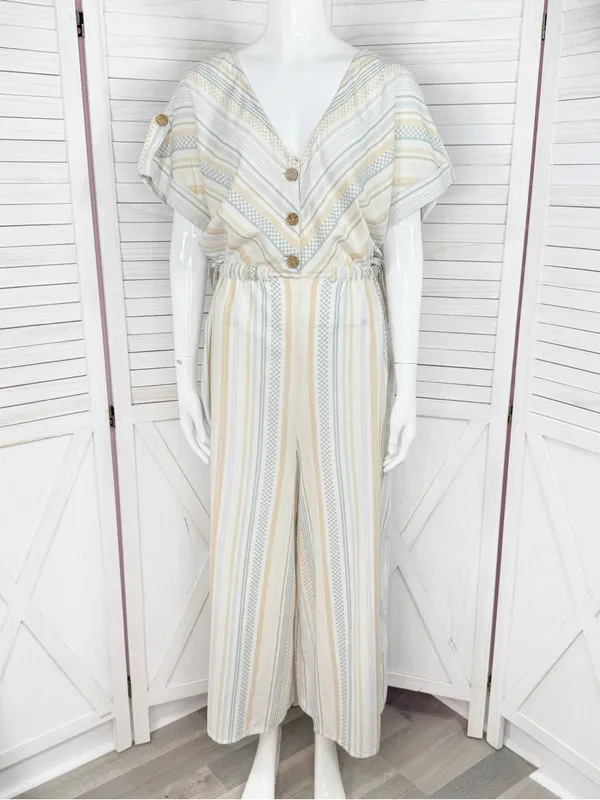 World Market Shilo Striped Wide Leg Cinch Waist‎ Jumpsuit Ivory Multi Cropped - Image 2