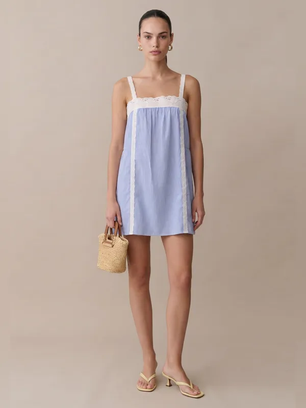 NWT Few Moda Florence Mini Dress size Small S blue stripe lace white - Image 2
