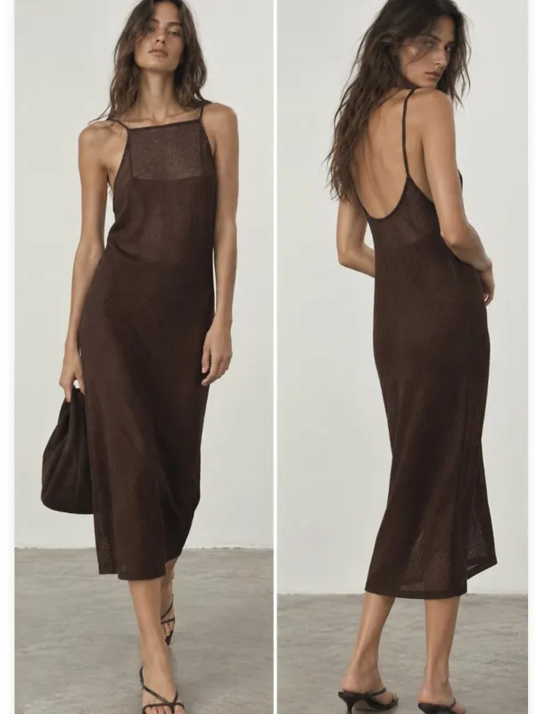 ZARA Mesh Open Knit Brown Cover Up Sheer Midi Dress Brown Large - Image 2