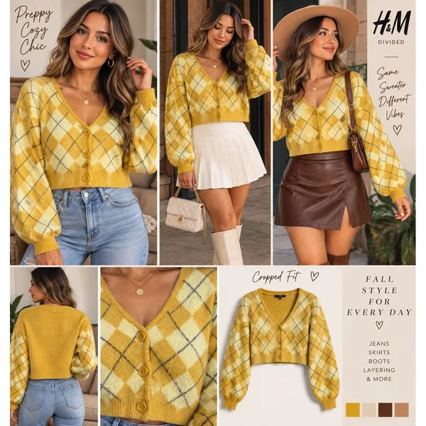 H&M Divided Yellow Argyle Cropped Cardigan Sweater XS V-Neck Puff Sleeve Knit - Image 2