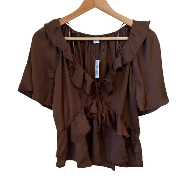 Old Navy Satin‎ Ruffle Tie Front Blouse Top Womens S Romantic Casual Chic Brown - Image 2