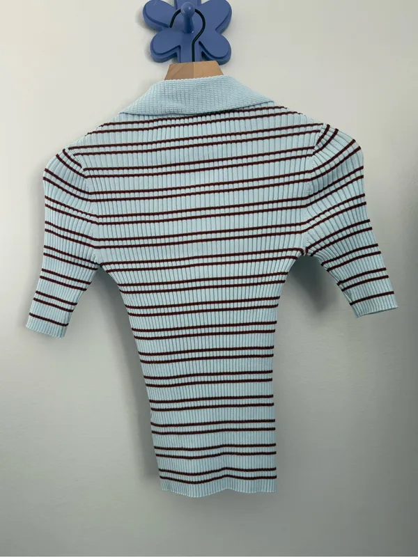 A.L.C. Frank XS Sydney Top Polo Henley Slim Fit Baby Blue Stripe Preppy Work Office - Image 4