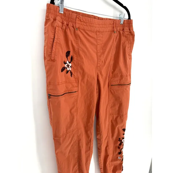 Soft Surroundings Cargo Pants L Burnt Orange Floral Embroidered Boho - Image 2