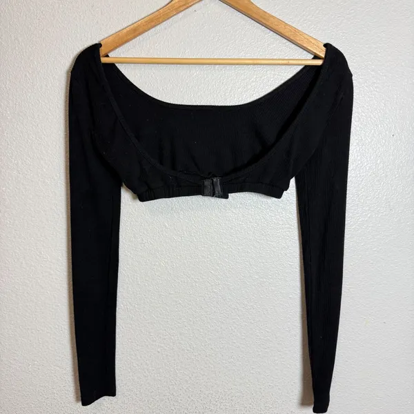 Edikted Black Ribbed Long Sleeve Crop Top Square Neck Button‎ Front XS - Image 5