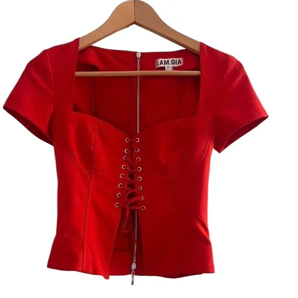 I. Am. Gia Womens Size M Evita Corset Crop Top Bright Red‎ Square Neck Going Out - Image 10