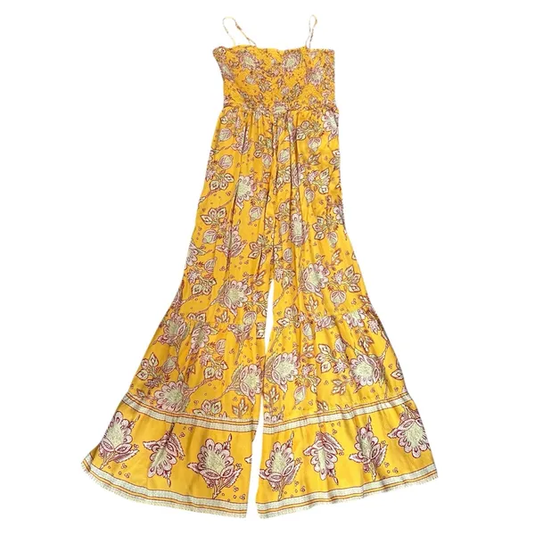 Free People Women’s Little of Your Love Marigold Yellow Floral Wide Leg Jumpsuit - Image 2