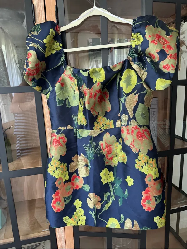 NWT Lulus So Stunning Navy Floral Jacquard Puff short Sleeve Mini Dress cocktail - Image 2