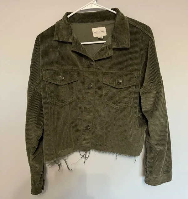 American Eagle Olive Corduroy Raw Hem Cropped Jacket - Image 2