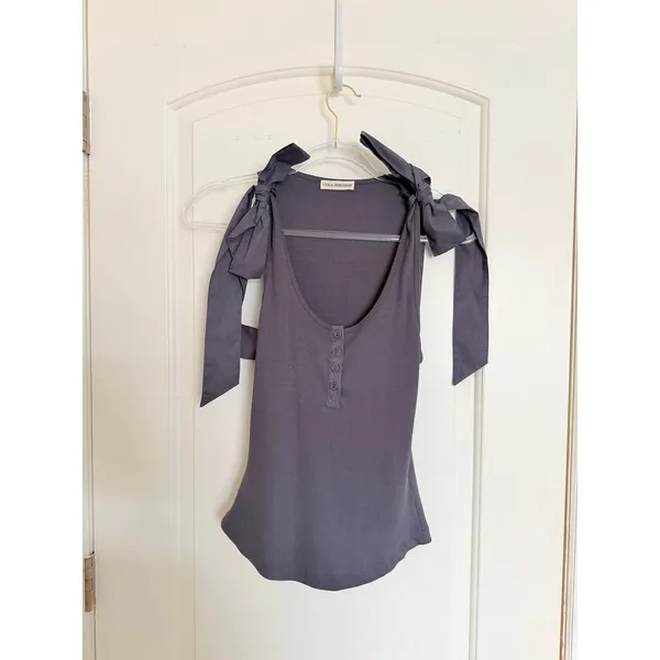 Ulla Johnson Tank Top Women P Grey Ribbed Cotton Tie Shoulder Henley Scoop Neck‎ - Image 5