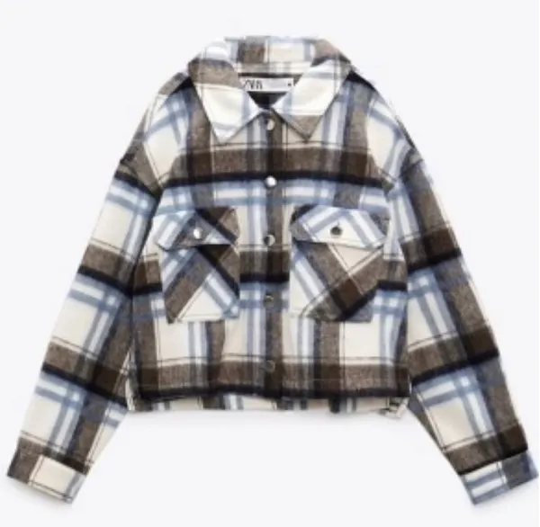 Zara Cropped Plaid Overshirt Flannel Motorcycle Checkered Jacket - Image 2