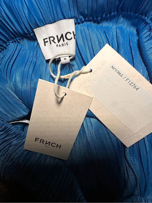 FRNCH Nouma Blue Pleated Wide Leg Pants Size M NWT Parisian Plisse Satin Trouser - Image 11
