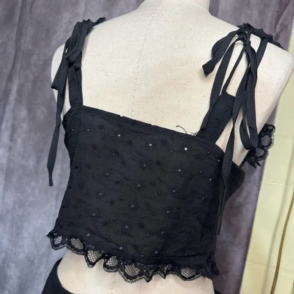 2 Pc Set Eyelet Embroidery Lace Tie Front Crop Top and Mini Skirt Set Summer - Image 7