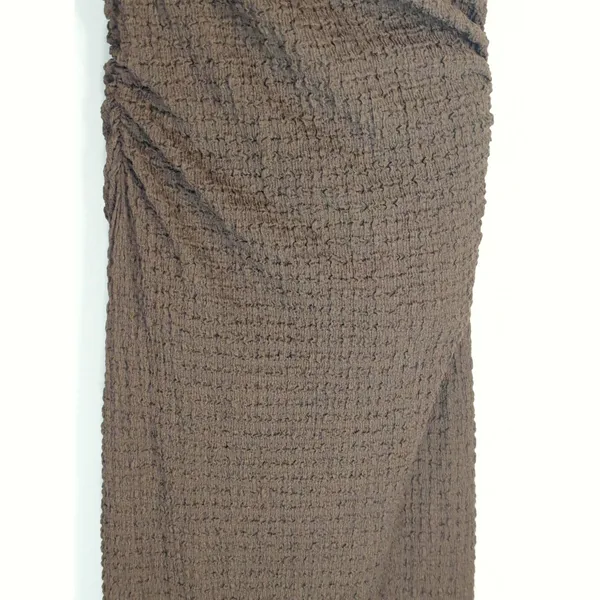 Zara Expresso Brown Textured Knot Ruched Side Maxi Dress LARGE Modest‎ Preppy - Image 7