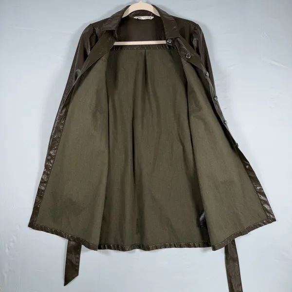 Zara Size-M Womens Mini Dress Green Faux Leather‎ Long Sleeve Belted - Image 8