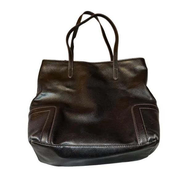 Chaps Black Faux Leather Tote Shoulder Bag Large Textured Purse Work Shopper - Image 2
