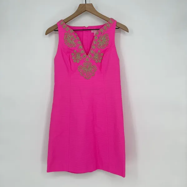 Lilly Pulitzer Gabby Shift Dress Pink Cotton Floral Split Neck Back Zip Womens 2 - Image 2
