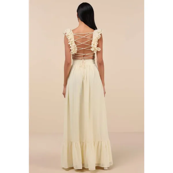 NWT Lulus Soiree Celebration Light Yellow Ruffled Lace-Up Maxi Dress Tiered Sz L - Image 3