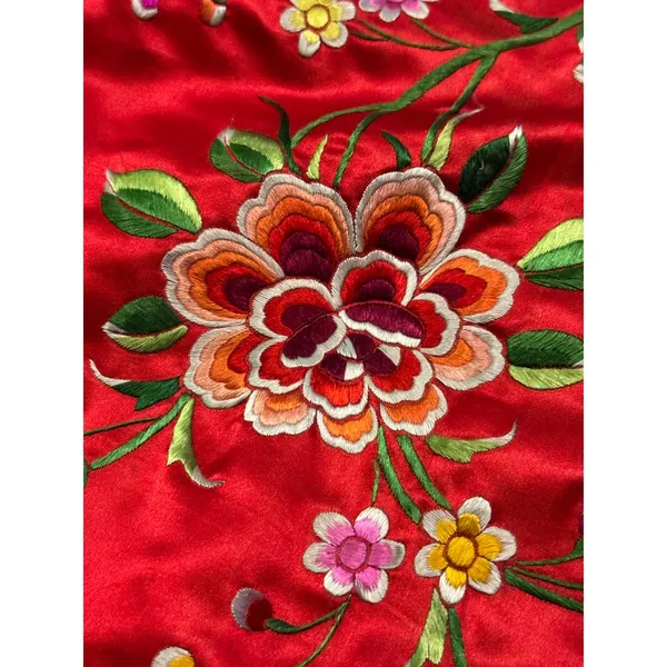Vintage Red Silk Embroidered Padded Cape with Floral Satin Stitch Detail small - Image 14