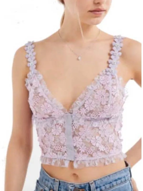 For Love & Lemons Rosette Lace Tank Sexy Lavender Bustier Crop Coquette Small - Image 4