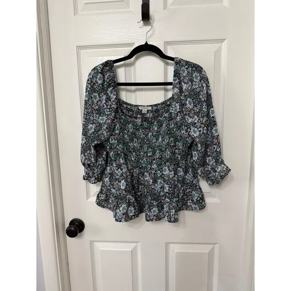 American Eagle Floral Smocked Peplum Top‎ Square Neck Puff Sleeve L - Image 3