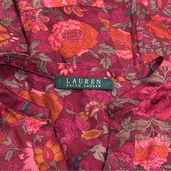 Lauren Ralph Lauren Multicolor Floral Satin Like Long Sleeve Blouse Size‎ M - Image 8