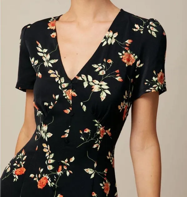 Rihoas Black V Neck Floral Button Up Mini Dress - Image 3