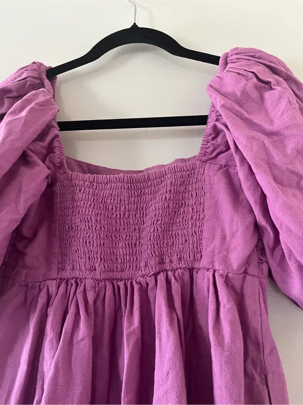 Abercrombie Purple Linen Blend Babydoll Puff Sleeve Mini Dress Small Coastal - Image 9
