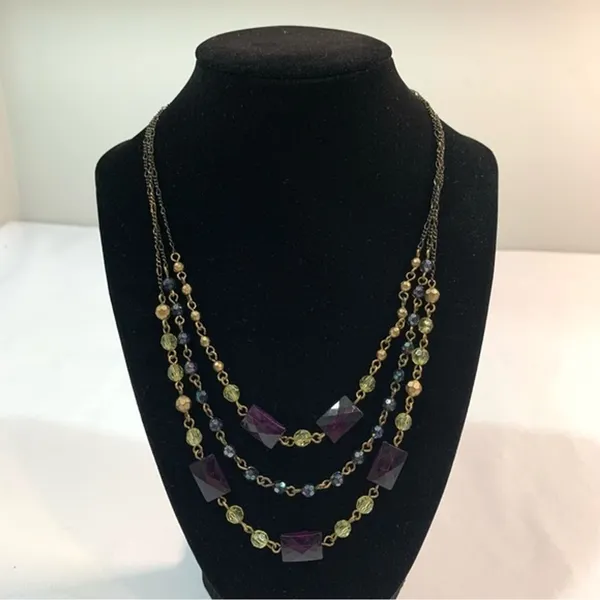 Vintage Avon Layered Triple Strand Necklace Purple Bronze Beaded - Image 2